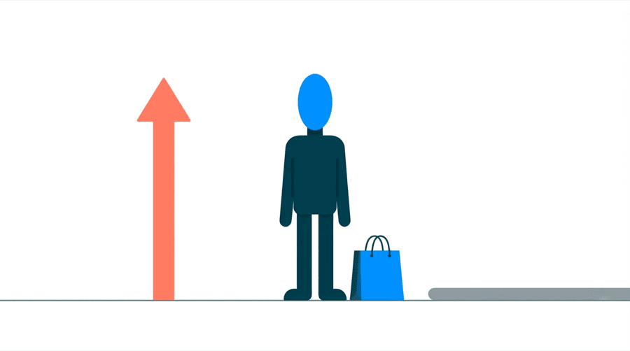 Illustration: a figure faces a tall bright coral arrow pointing up on the left and a completely flat gray line on the right, with a shopping bag on the ground between them
