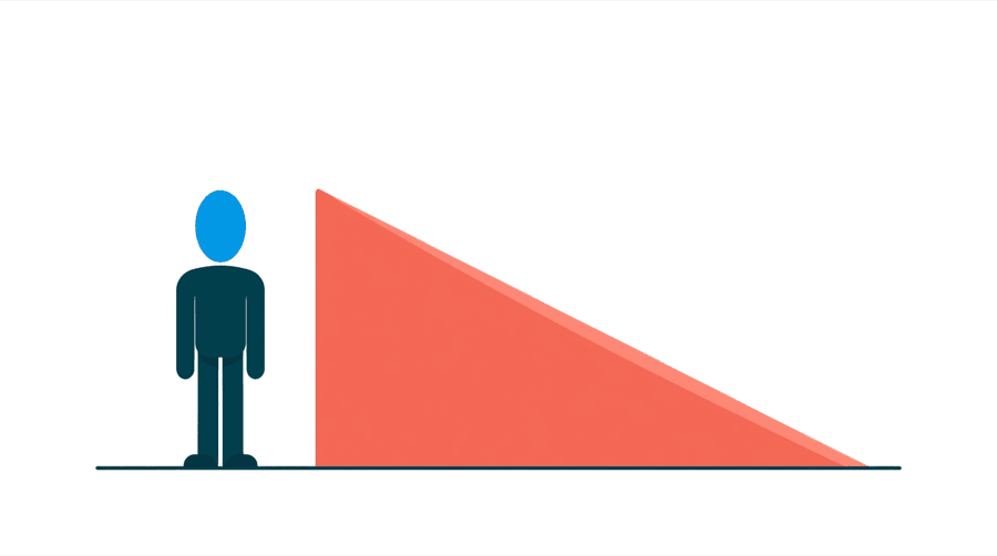 Illustration: a figure stands at the left of a long flat floor beside a coral wedge that is tall at its left end and tapers to a point at its right end
