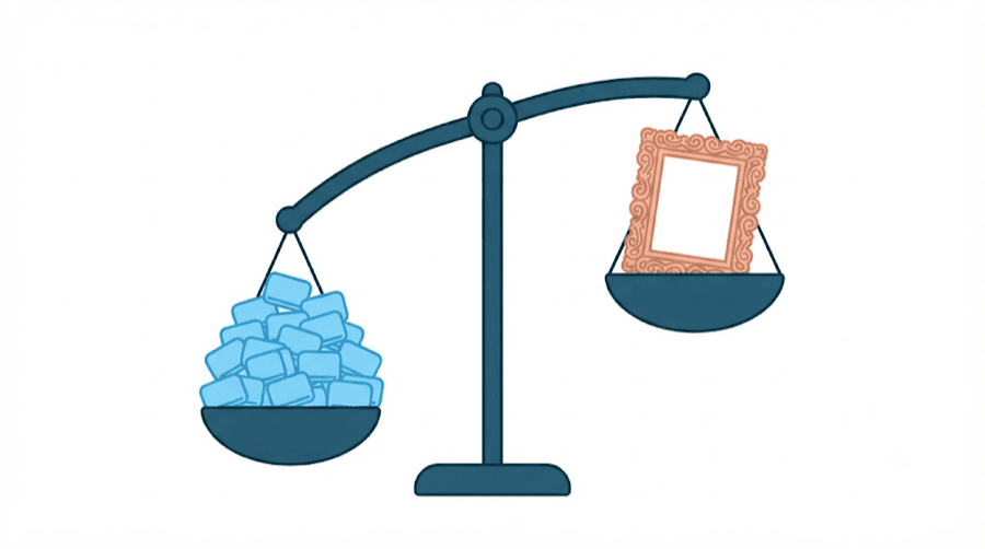 Illustration: a set of scales with many small identical rounded video frames piled on one side outweighing a single large ornate frame on the other