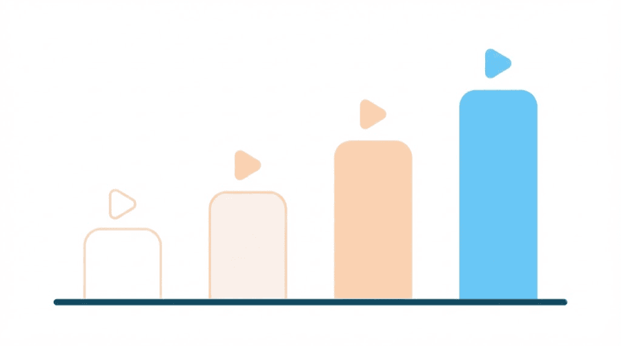 Illustration: four ascending bar-chart columns rising left to right, each topped with a small rounded play-button shape, the tallest in bright blue