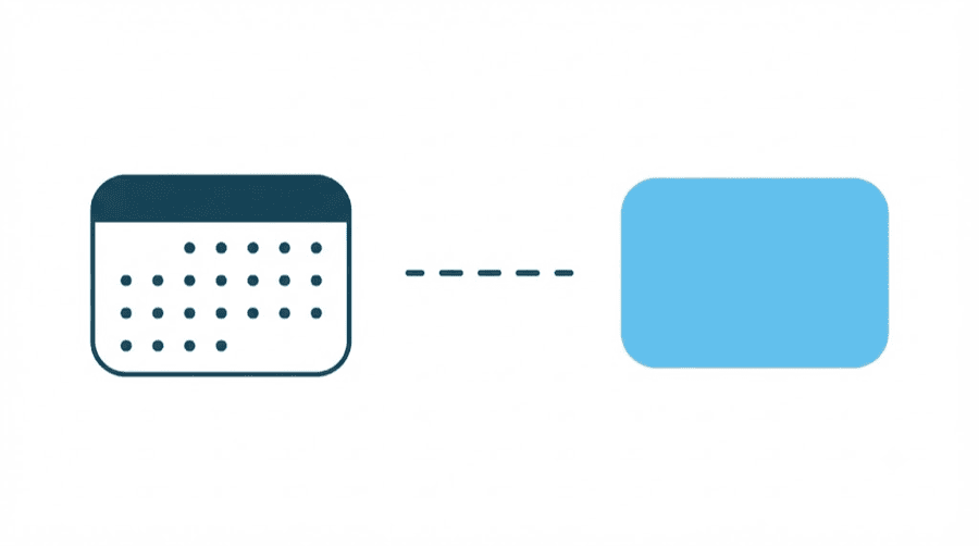 Illustration: a calendar grid of evenly spaced dots on the left and a separate rounded video frame on the right, with a short dashed line floating between them that reaches neither
