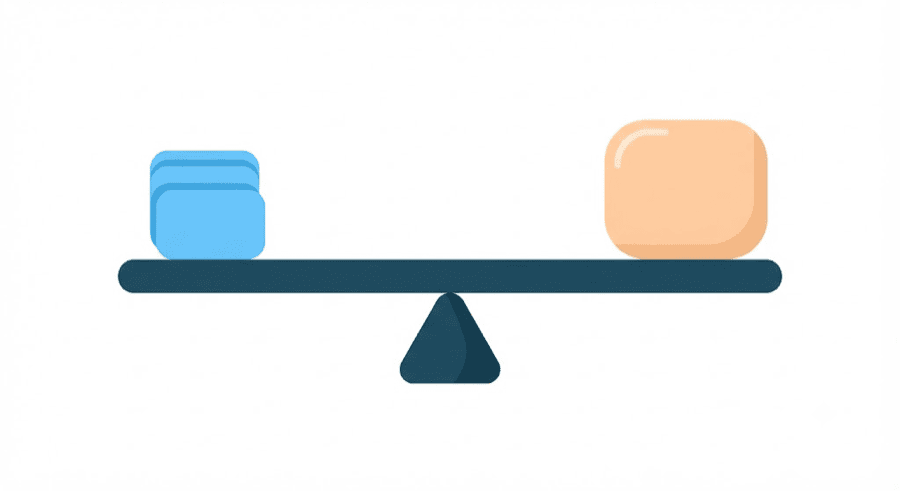 Illustration: a balance beam resting level on a triangular pivot, a small stack of identical rounded video frames on the left side and one large polished frame on the right