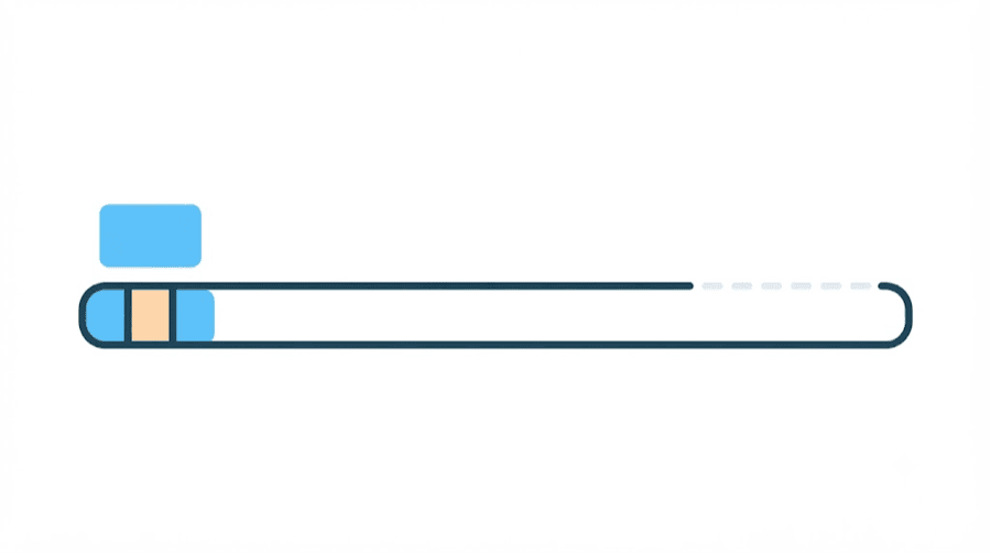Illustration: a long horizontal timeline bar whose first three blocks at the left edge are filled in blue and amber while the rest of its length is left empty, with a small thumbnail rectangle above the filled end