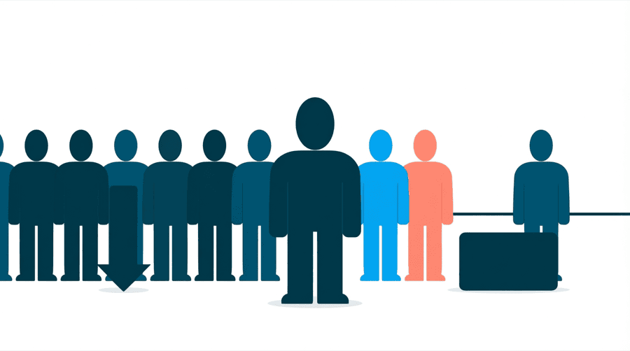 Illustration: a crowd of figures with one large downward arrow among them and a card sitting below a horizontal line