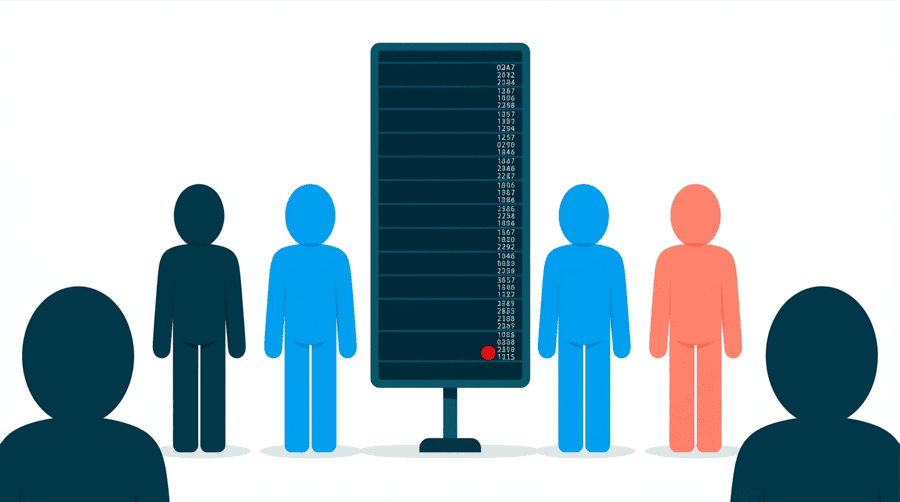 Illustration: figures standing around a tall scoreboard with a column of numbers and a red dot marking the lowest number