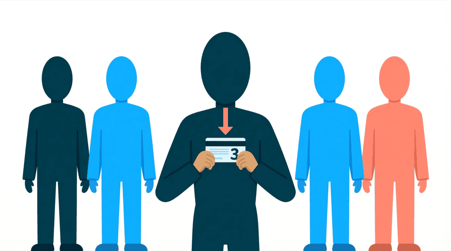Illustration: a figure holding a card that shows a number, with a downward arrow pointing at that number