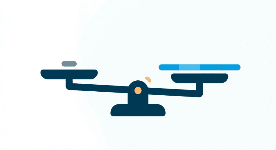 Illustration: a short stub of text and a long bar of text on a balance scale, the longer one tipping the scale down
