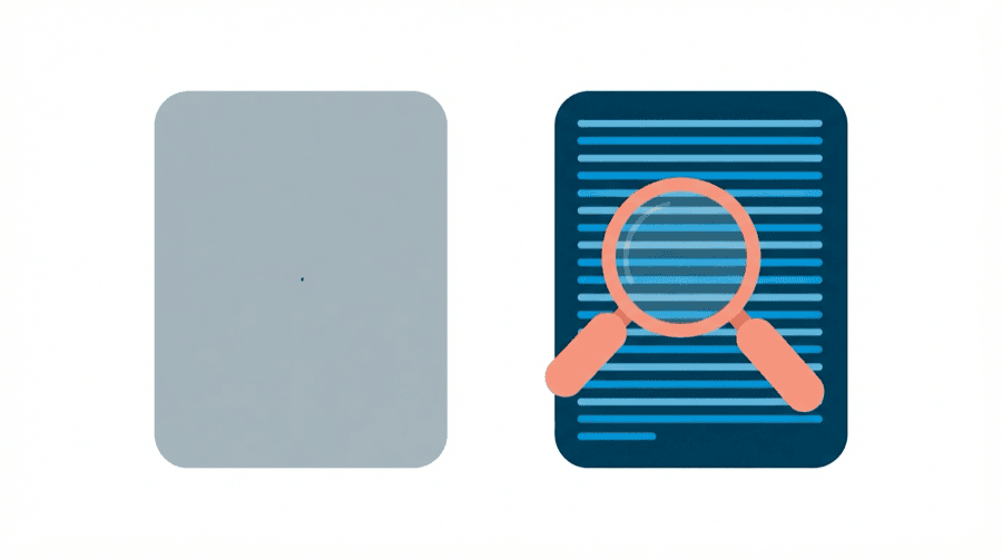 Illustration: a blank grey card beside a card filled with neat detailed lines, a magnifier held over the detailed one