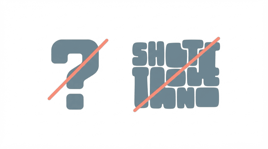 Illustration: a large question mark and a block of capital letters both crossed out with a soft coral line