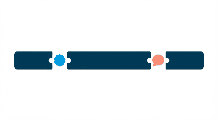 Illustration: a numeral badge and a small speech bubble slotting into a long horizontal bar of text