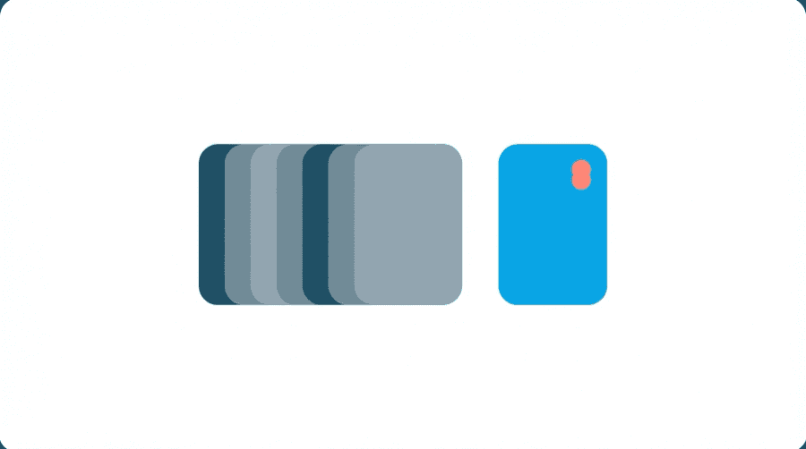 Illustration: several identical stacked cards in muted grey and one card in bright blue standing slightly apart from them