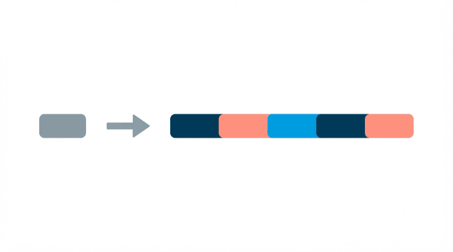 Illustration: a short grey line of text with an arrow pointing to a longer bright line of text made of several coloured segments