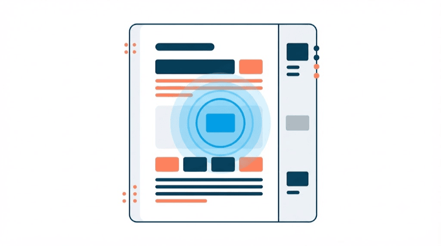 Illustration: a web page with a highlighted blue block in the middle of the reading column, and a plain grey block ignored in the narrow side column