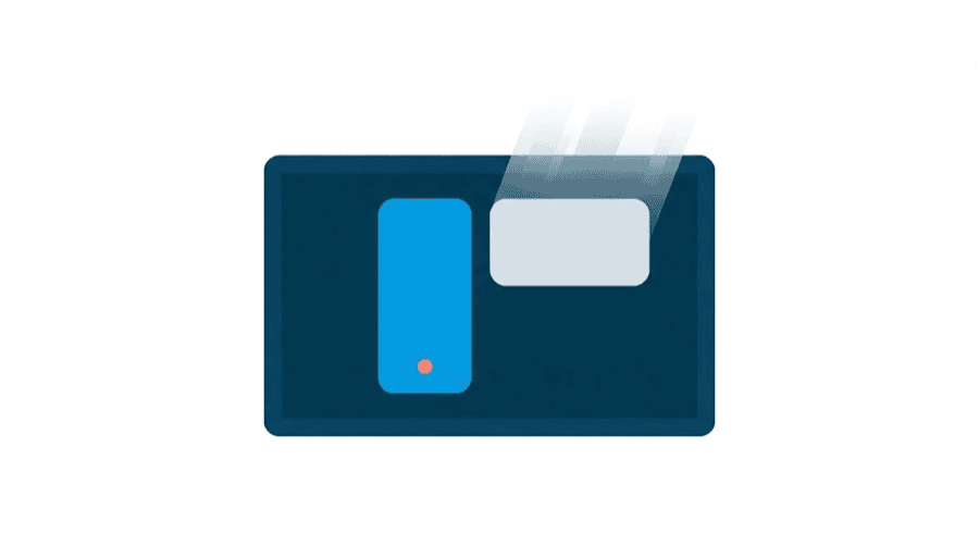 Illustration: a tall blue rectangle standing inside a screen frame beside a wide grey rectangle drifting out of the top with motion streaks