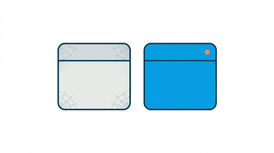 Illustration: a faded grey card with cobwebs in its corners beside a crisp bright blue card of the same shape