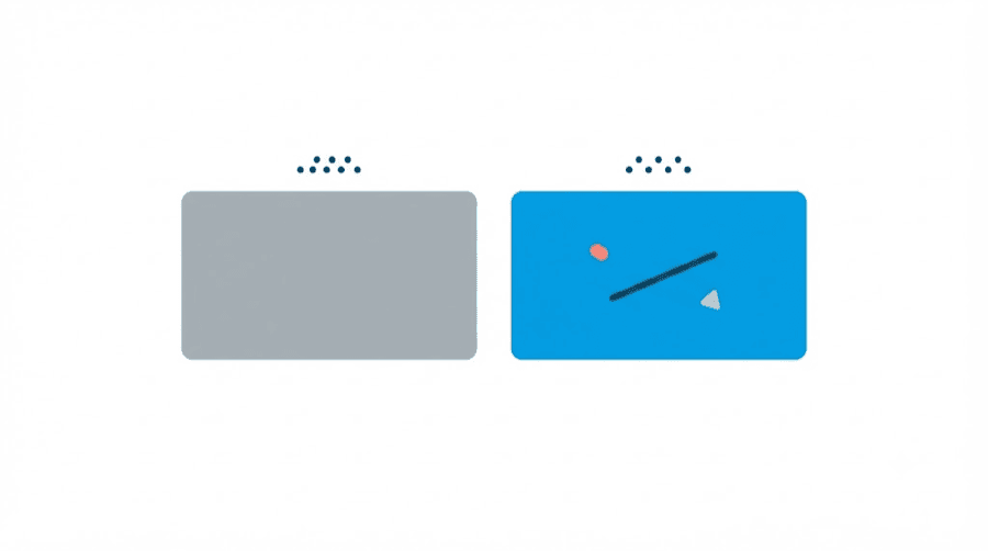 Illustration: two identical empty rectangles side by side, one plain grey and one designed in blue, with almost the same tiny cluster of gaze dots above each