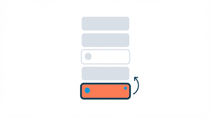 Illustration: a vertical stack of identical pale grey feed cards with one jarring coral card at the bottom and a skip arrow curving around it