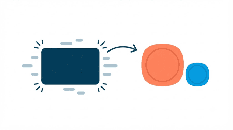 Illustration: a rectangle with motion streaks around it, connected by an arrow to a large coral coin beside a much smaller blue one