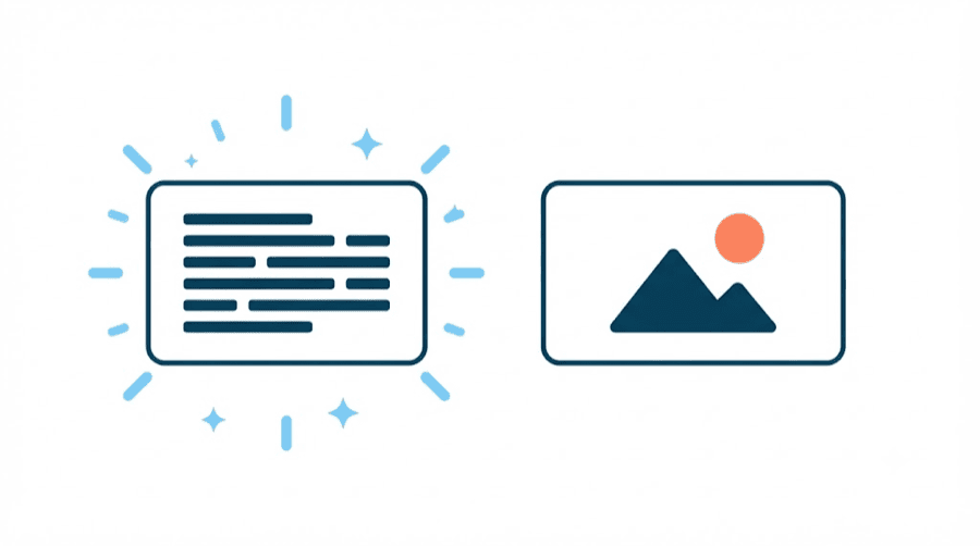 Illustration: a banner filled with lines of text glowing with attention marks, next to a plain picture banner with none