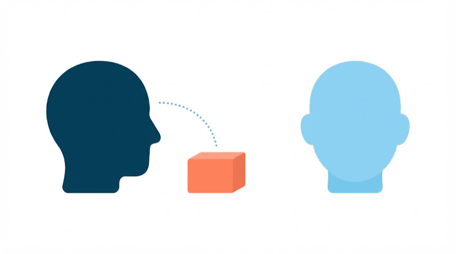 Illustration: a blank navy head shape in profile turned toward a small coral product box with a dotted line between them, beside a faded head facing straight out