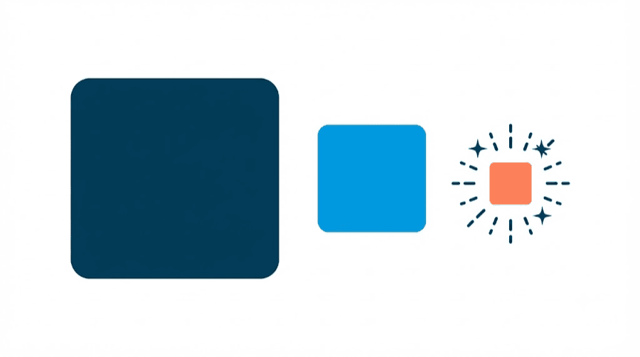 Illustration: three squares in a row, a large plain navy one, a medium blue one, and a tiny coral one surrounded by sparkle marks