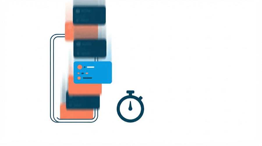 Illustration: a phone in side view with feed cards rushing past in motion blur, one blue card caught mid screen, beside a stopwatch