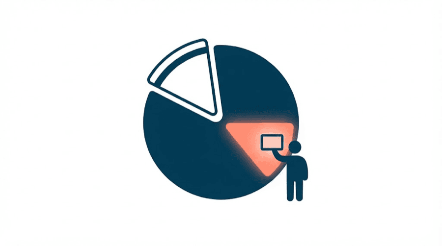 Illustration: a large circle split into wedges, one wedge glowing warm and one drawn as an empty outline, with a small faceless figure beside the glowing wedge holding up a rectangle