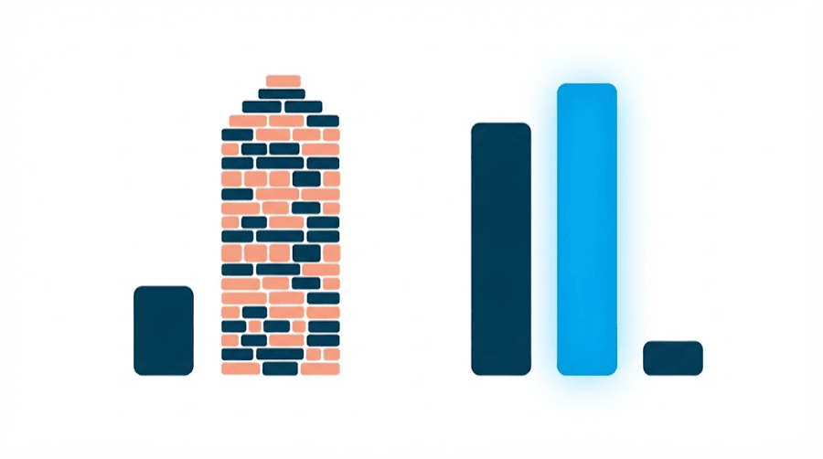 Illustration: two groups side by side, a short bar next to a tall tower built from many small rectangles, and a tall glowing bar next to a single small one