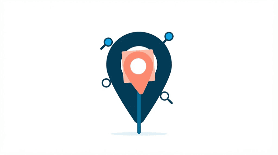 Illustration: a large map pin held behind a smaller pin-shaped mask that is too small to cover it, with the real pin showing around every edge and several magnifying glasses pointed at the gaps
