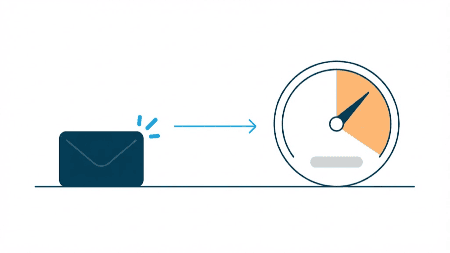 Illustration: an envelope alone on a surface with a small burst beside it and an arrow leading to a dial whose face is mostly filled in