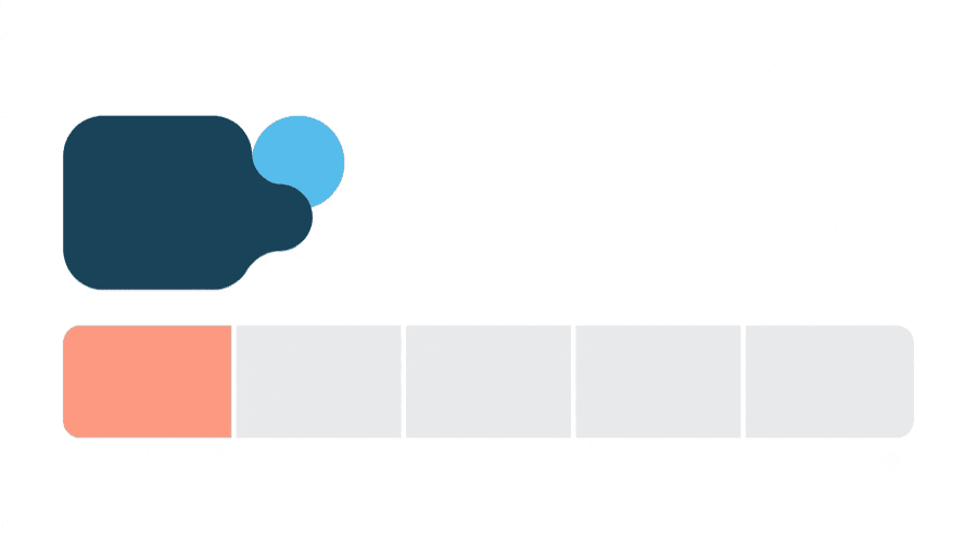 Illustration: a single merged object formed from a large shape and a smaller mark, sitting on the first filled segment of a segmented bar