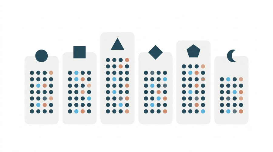 Illustration: six vertical cards of different heights, each topped with a different geometric symbol and marked with rows of coloured dots