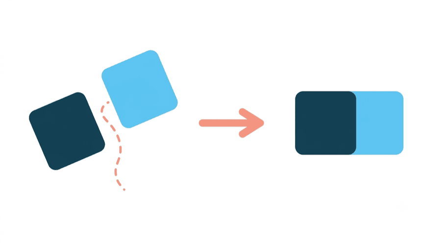 Illustration: two shapes drifting apart with a broken dashed line on the left, an arrow across the centre, and the same two shapes merged into one solid form on the right