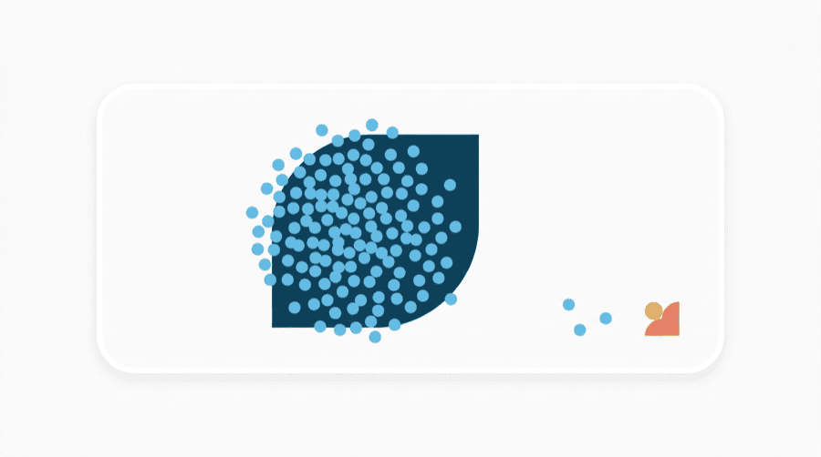 Illustration: a wide card where a dense cluster of dots piles almost entirely onto one large shape, leaving only a few stray dots near a small mark