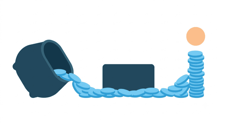 Illustration: an empty tipped container pouring a stream of coins past a central card and piling them into a tall column beneath a circle on the far side