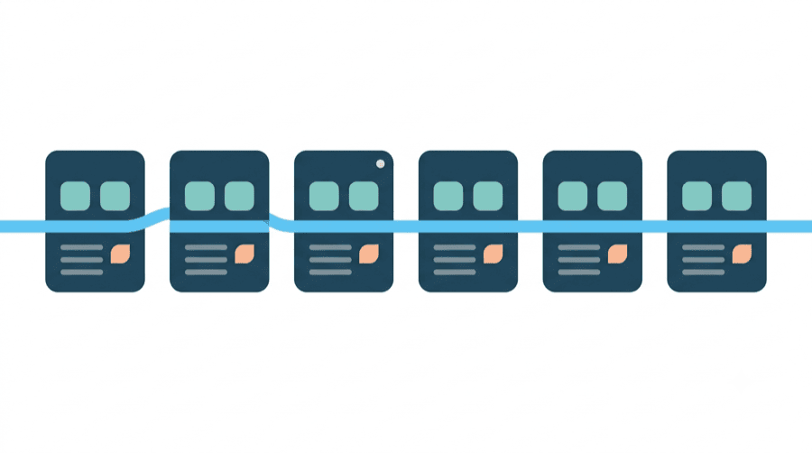 Illustration: six identical cards in a row, one carrying a single tiny pale dot, with a path line flowing straight through all of them without stopping