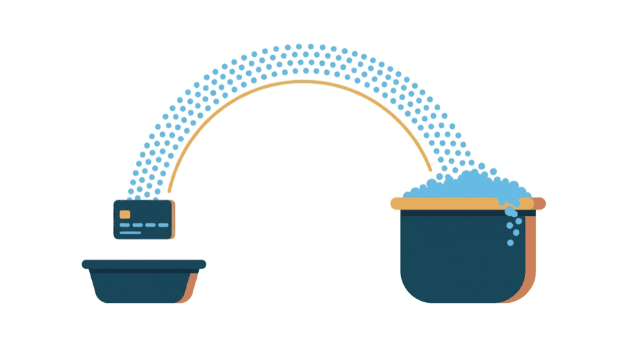 Illustration: a stream of dots arcing away from a small card and landing entirely in a large overflowing container, while the small card's own basket sits empty