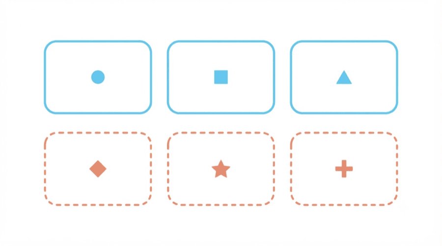 Illustration: six rounded cards, the top three drawn with solid blue outlines and the bottom three with dashed orange outlines, each holding a small geometric symbol