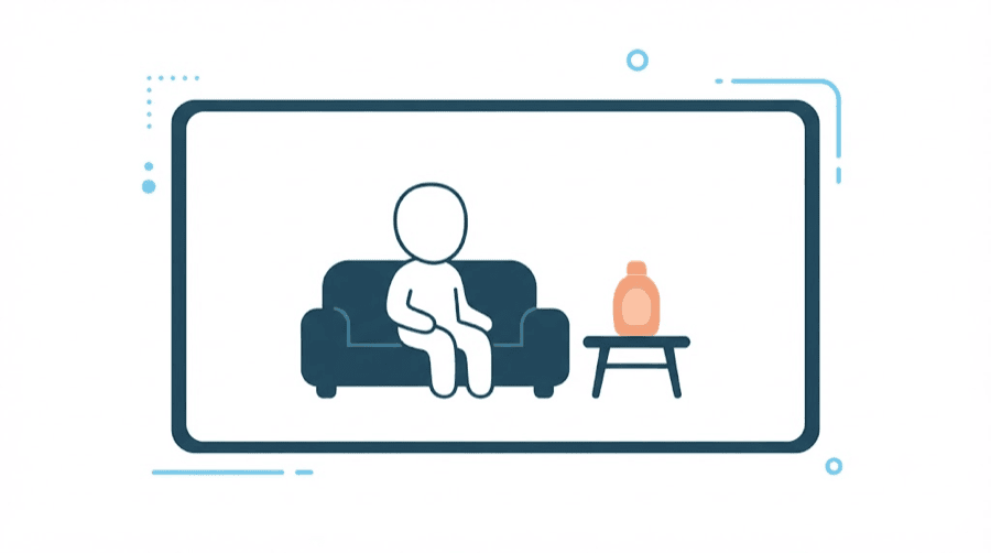 Illustration: a video frame containing a blank rounded figure sitting on a sofa, with an ordinary product standing on the table beside them