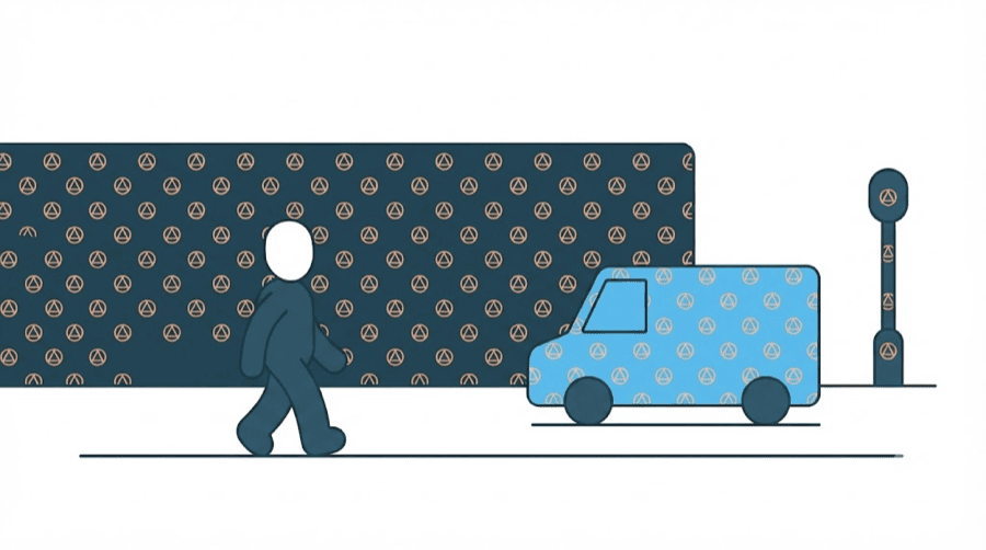 Illustration: one small mark repeated across a long wall, a van and a lamppost as a blank rounded figure walks past