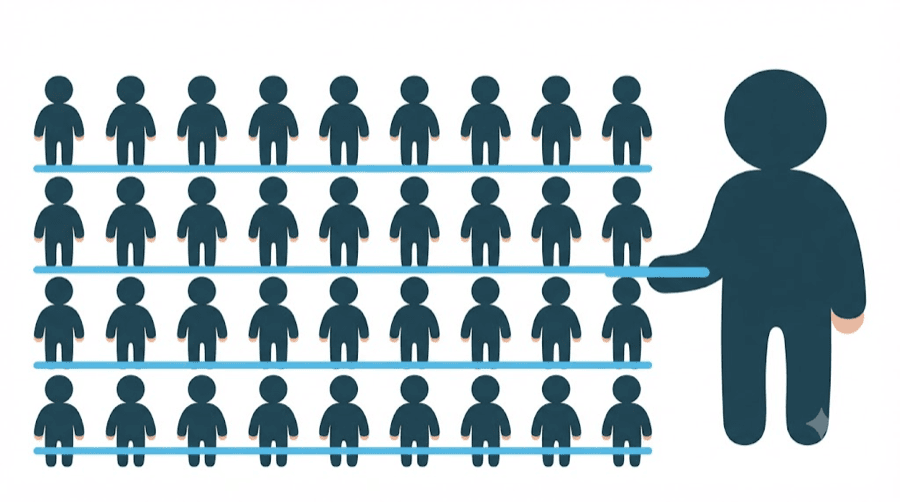 Illustration: rows of identical small figures standing on rails, all of them held by one much larger figure at the side
