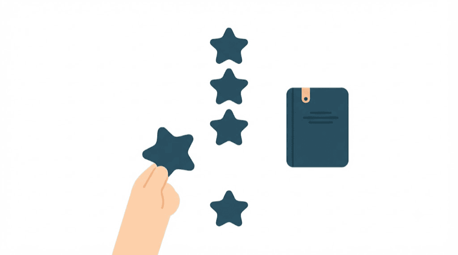 Illustration: a hand placing an extra star into a vertical column of star shapes beside a closed book