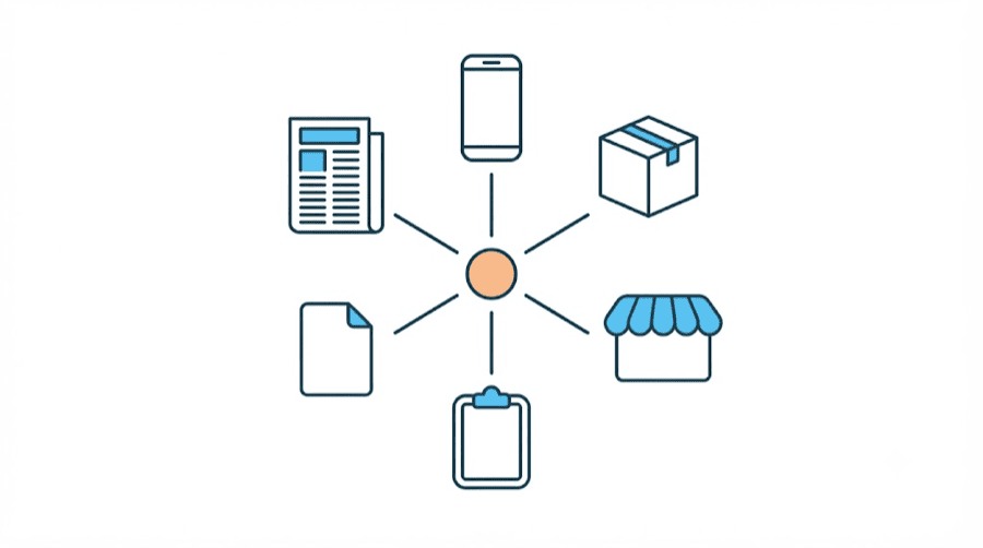 Illustration: six different objects, a newspaper, a phone, a parcel, a page, a shopfront and a clipboard, all wired back to a single orange circle at the centre