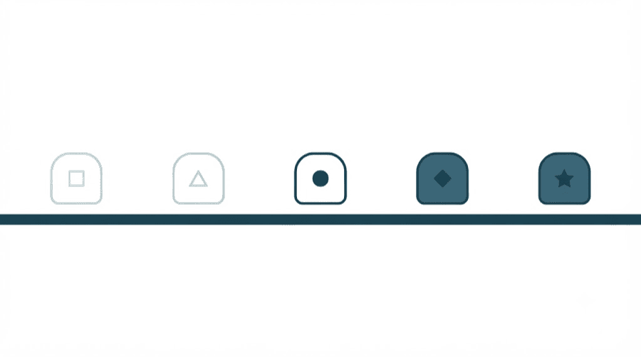 Illustration: five rounded markers along a horizontal timeline, fading from pale outlines on the left to solid filled shapes on the right