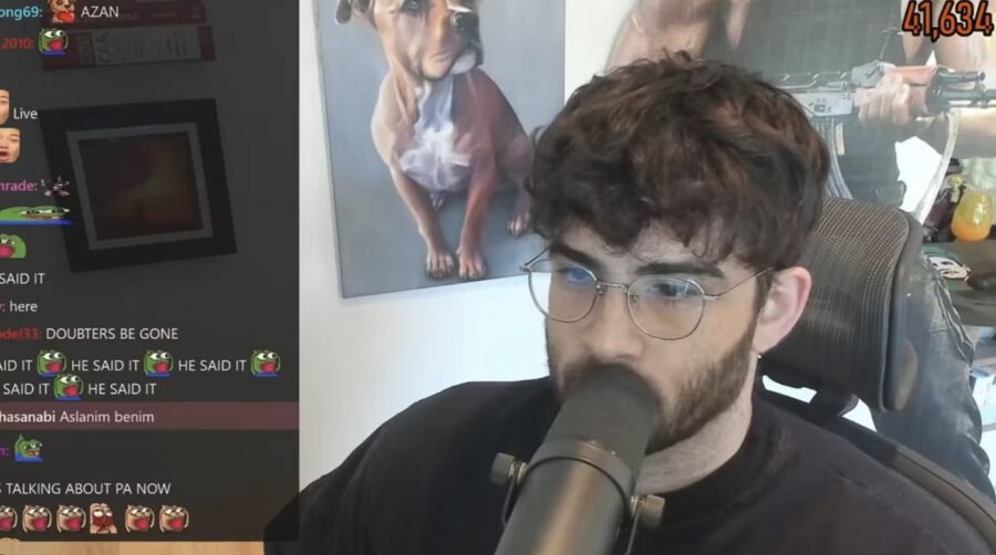 Hasan Piker on stream at his microphone, with his chat and a live viewer count on screen