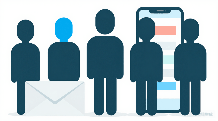 Illustration: a crowd of figures, one in blue, standing between a large open envelope and a tall phone whose screen shows a column of message cards