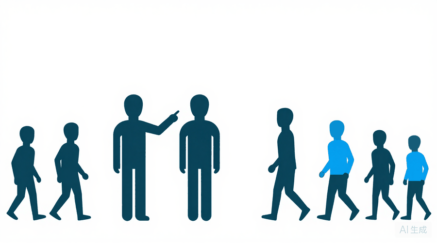 Illustration: one figure points toward another while a line of small figures walks toward the second figure