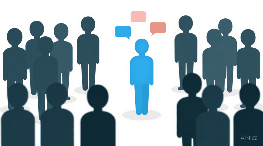 Illustration: a blue figure standing apart from a crowd, with small speech bubble cards floating above