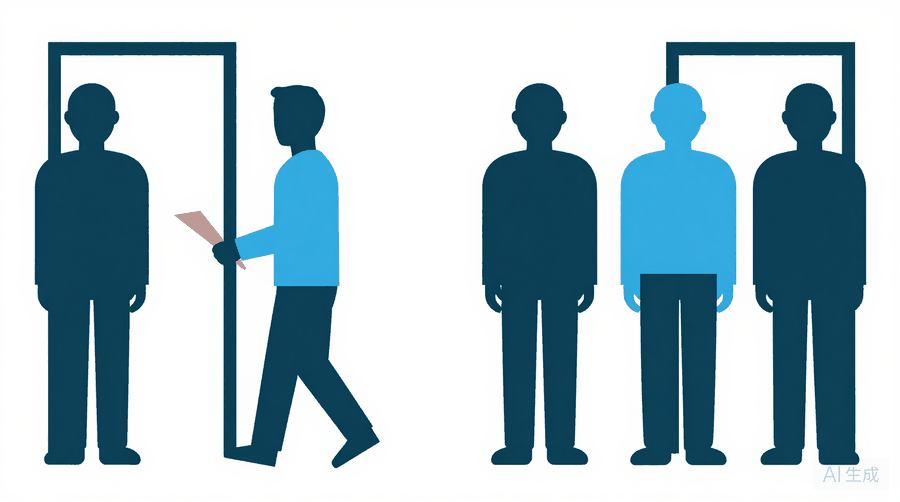 Illustration: a figure carrying a page out through one doorway toward another doorway where a group of figures stands