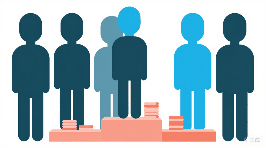Illustration: a group of figures standing on a low podium with stacks of coins on its steps